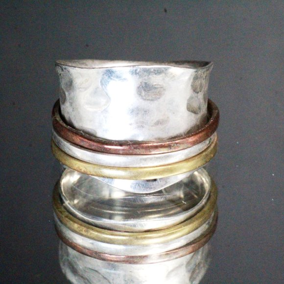 Sterling Silver Brass Modernist Hammered Wide Band Ring - Picture 7 of 8